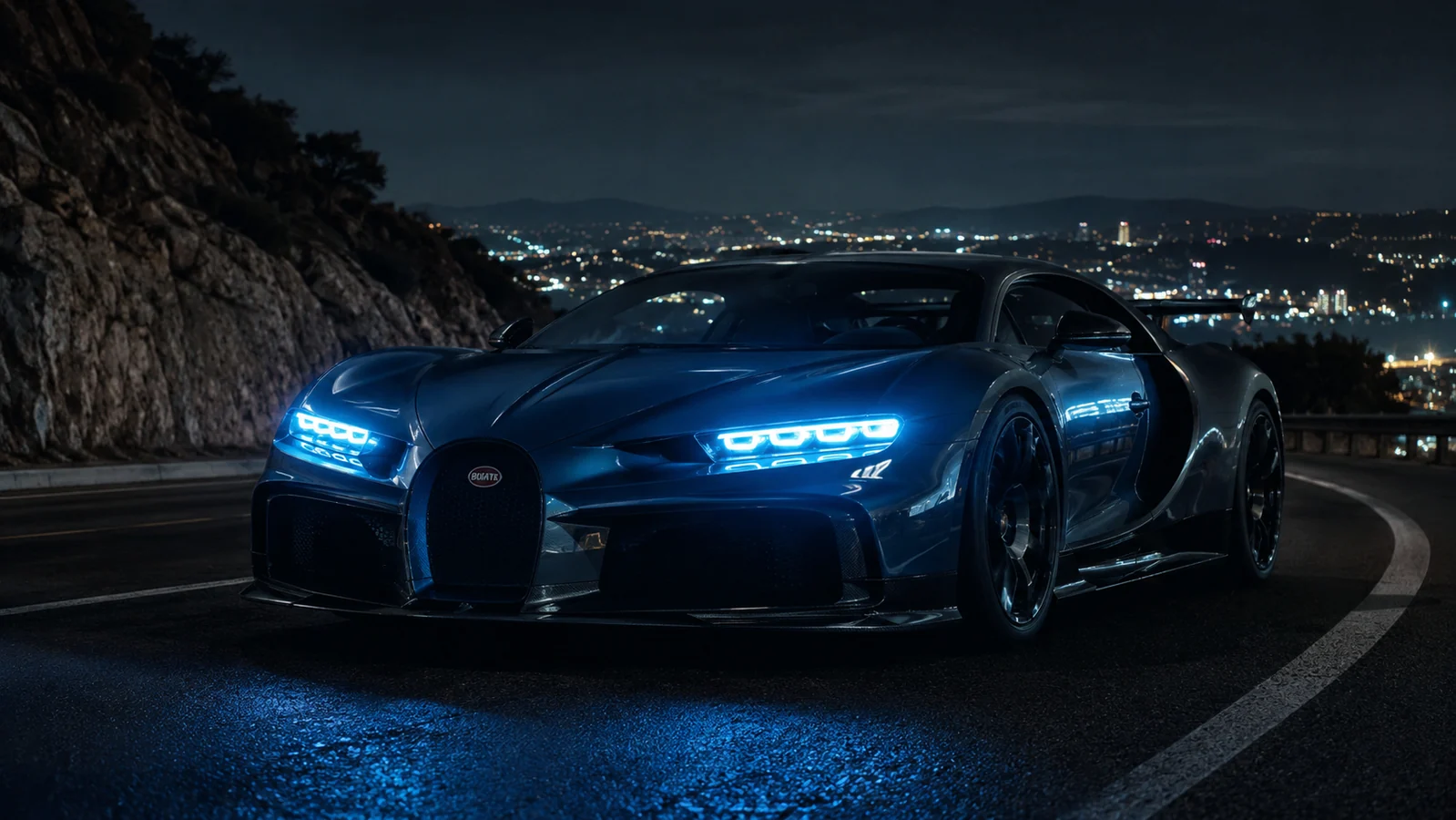 Modern car with blue laser-style headlights at night