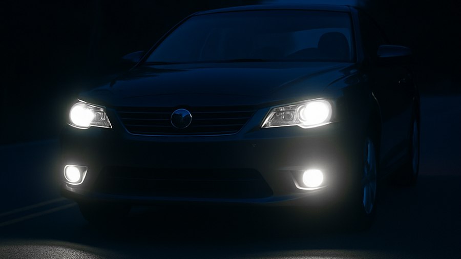Car headlights on a dark road during a BulbFacts lighting comparison